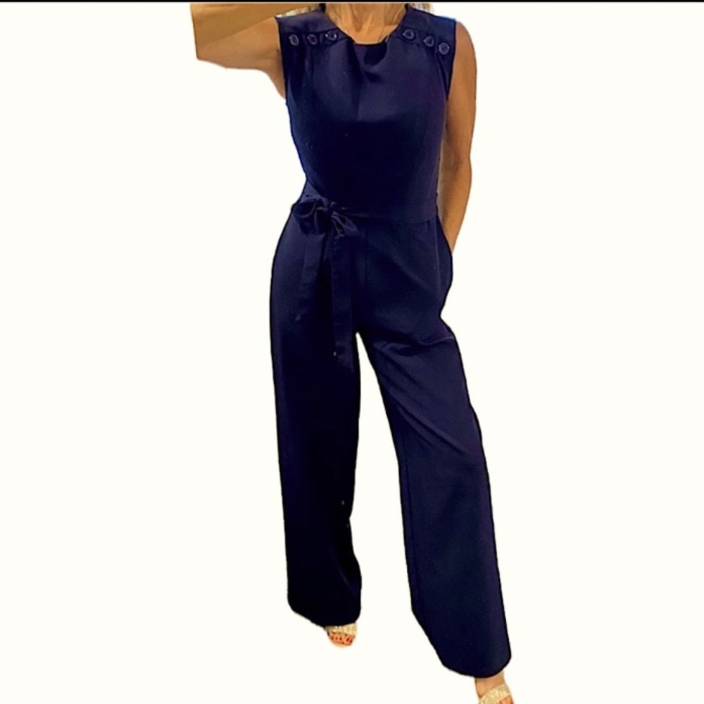 NWOT-New York & Company navy blue sleeveless jumpsuit with waist tie size XS